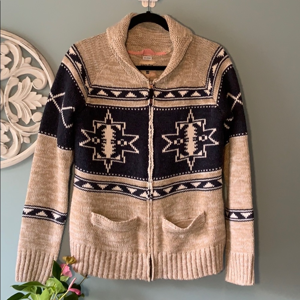 Triple Five Soul Beige and Navy Patterned Zip Front Cardigan